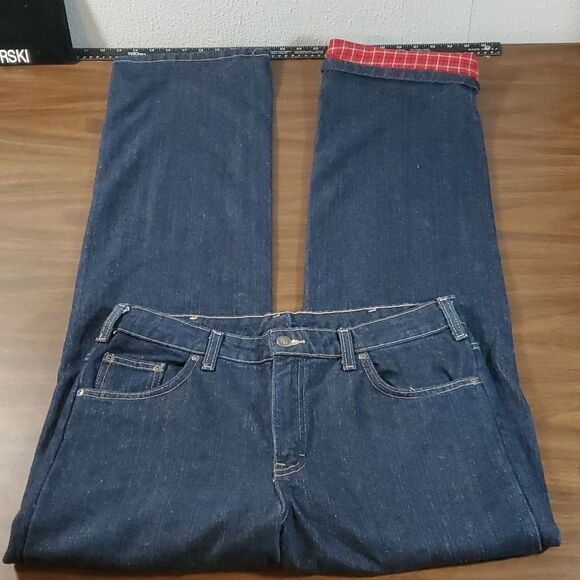 Dickies Denim - Dickies Red Plaid‎ Flannel Lined Dark Wash Straight Leg Denim Jeans 10 Tall